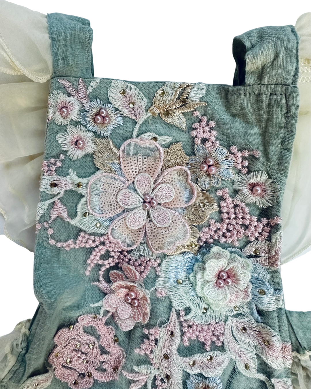 6-12M Baby Girl Little House Boutique  Beautiful Floral Embroidered and Beaded Rufflebutt Bubble Romper