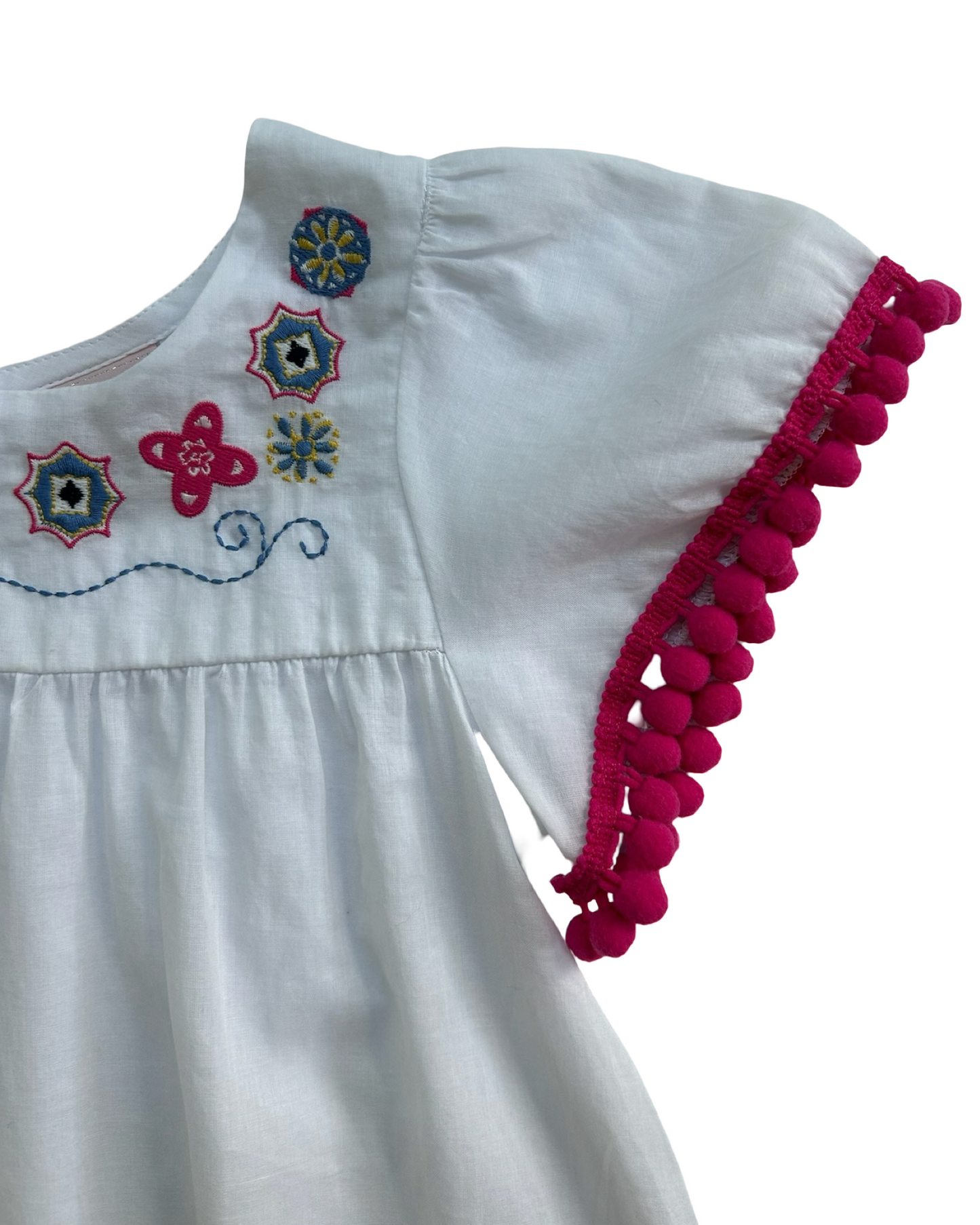 4 Toddlers Girls Floatimini Embroidered Angel Sleeve Pompoms Cover Dress.