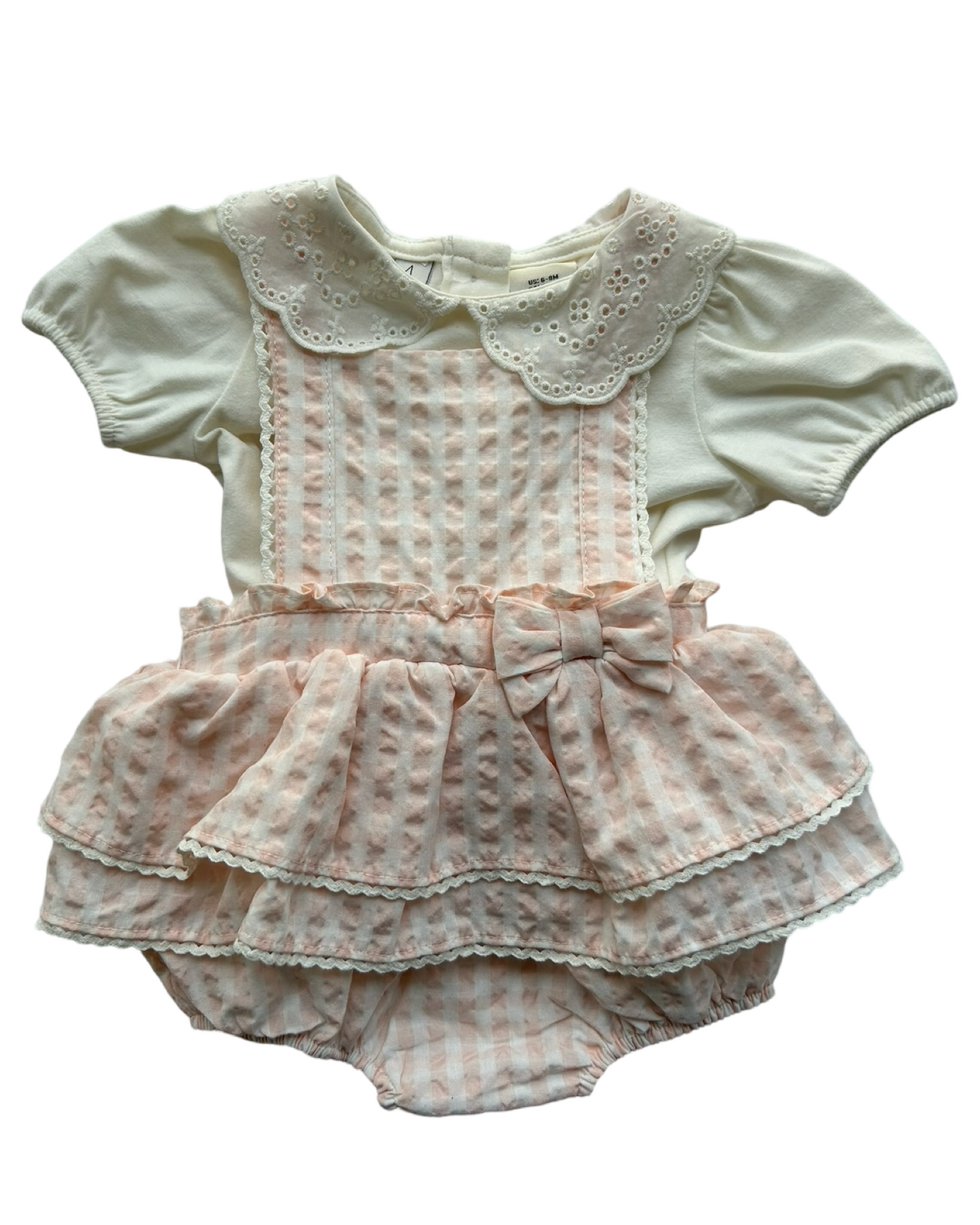 6M-9M Baby Girl Joie Eyelets Blouse And Gingham Romper 2 Pieces Set.