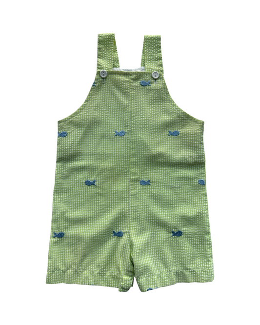 12M Baby Boy Funtasia Too Dallas Gingham Fish Embroidered Overalls Romper.