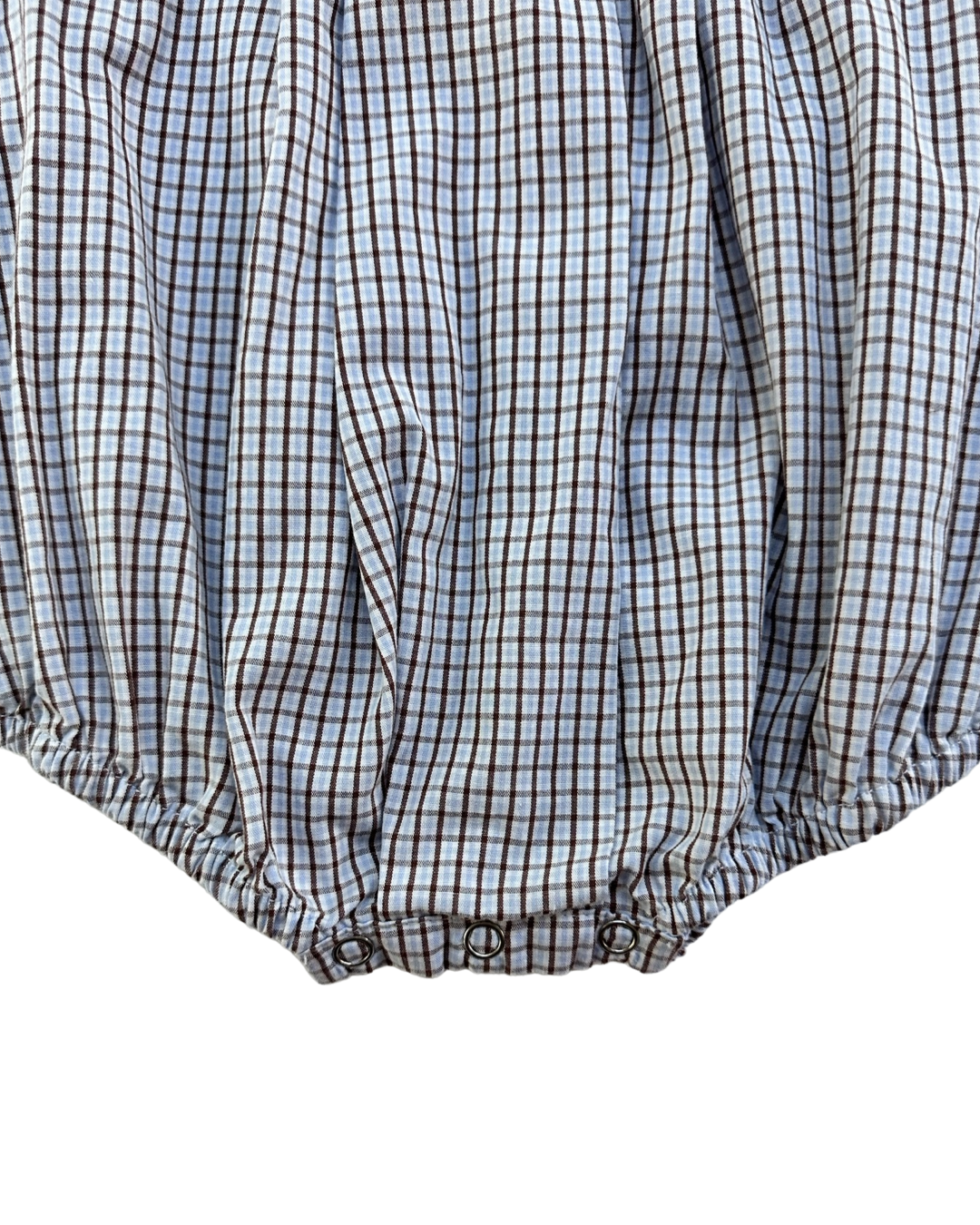 12M Baby Boy Boutique Remember Nguyen Brown and Light Blue Gingham Plaid Bubble with Classic Peter Pan Collar and Sand Castle Embroidery