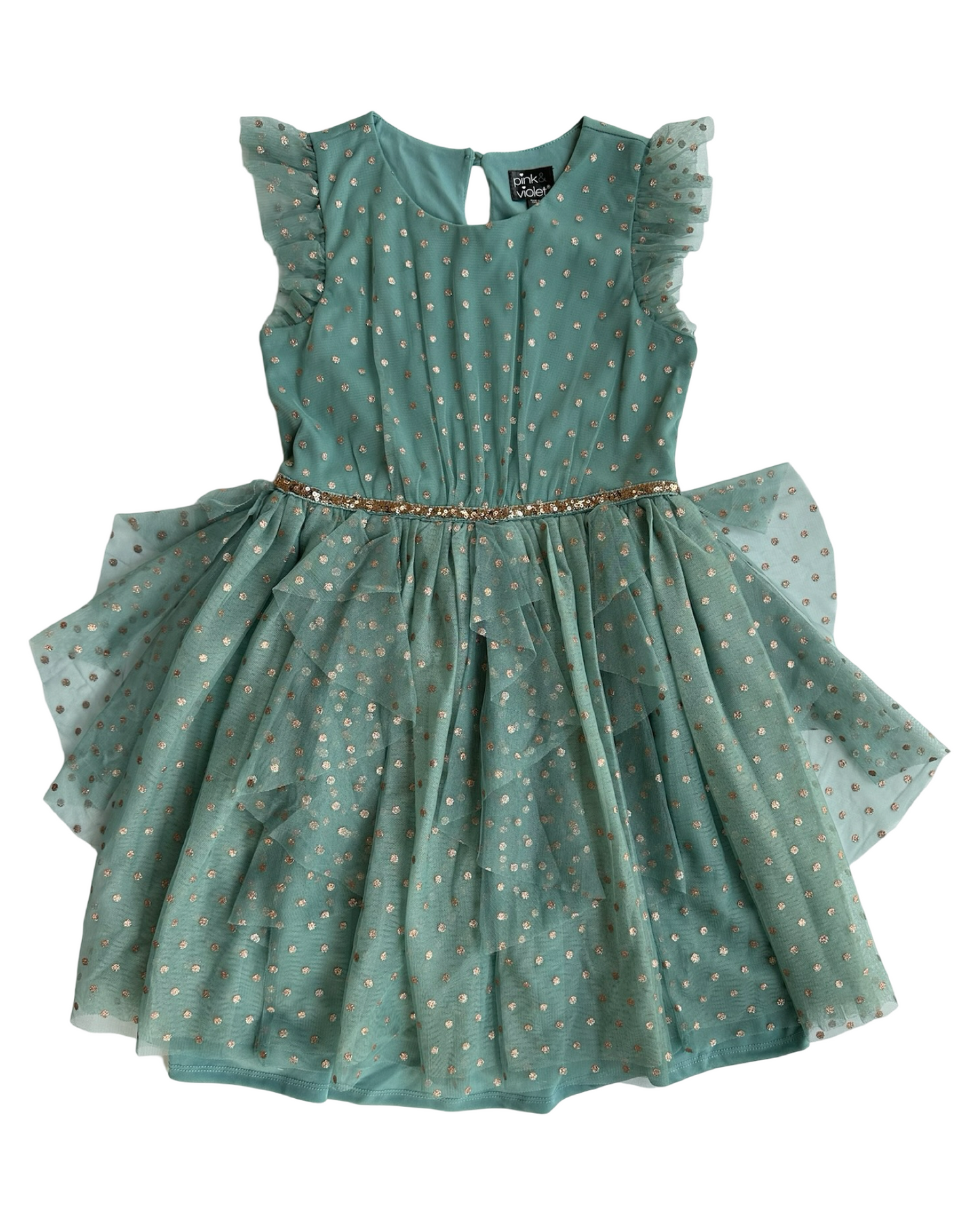 10Y Youth Girl Pink & Violet Holiday Tulle Green/ Gold Sparkles Layer Hem Dress