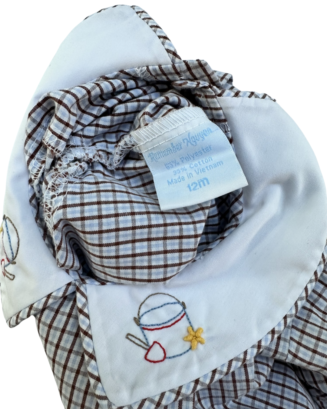 12M Baby Boy Boutique Remember Nguyen Brown and Light Blue Gingham Plaid Bubble with Classic Peter Pan Collar and Sand Castle Embroidery