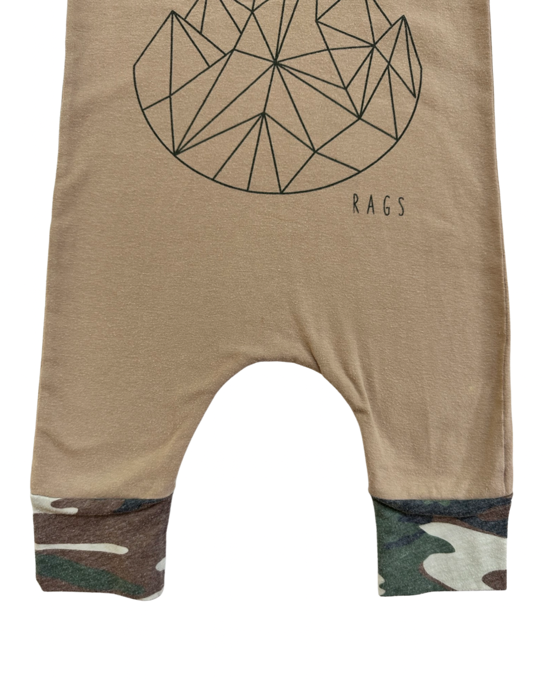 18-24M Baby Boy OG RAGS to Raches Tan Geo Romper with Camo Cuffs