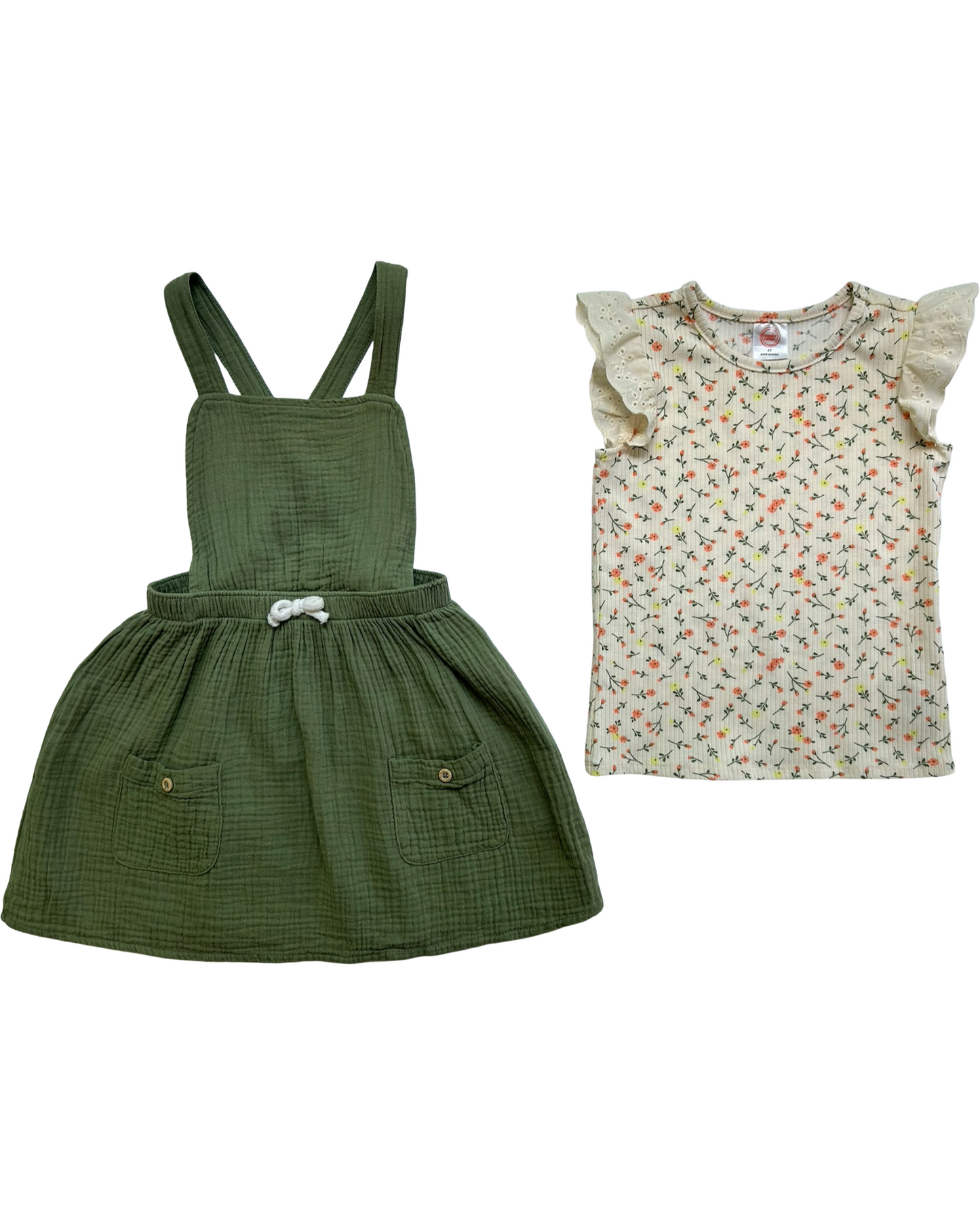 4T Toddlers Girls WonderNation Ruffle Sleeve Top & Pinafore Dress 2 Piece Outfit.