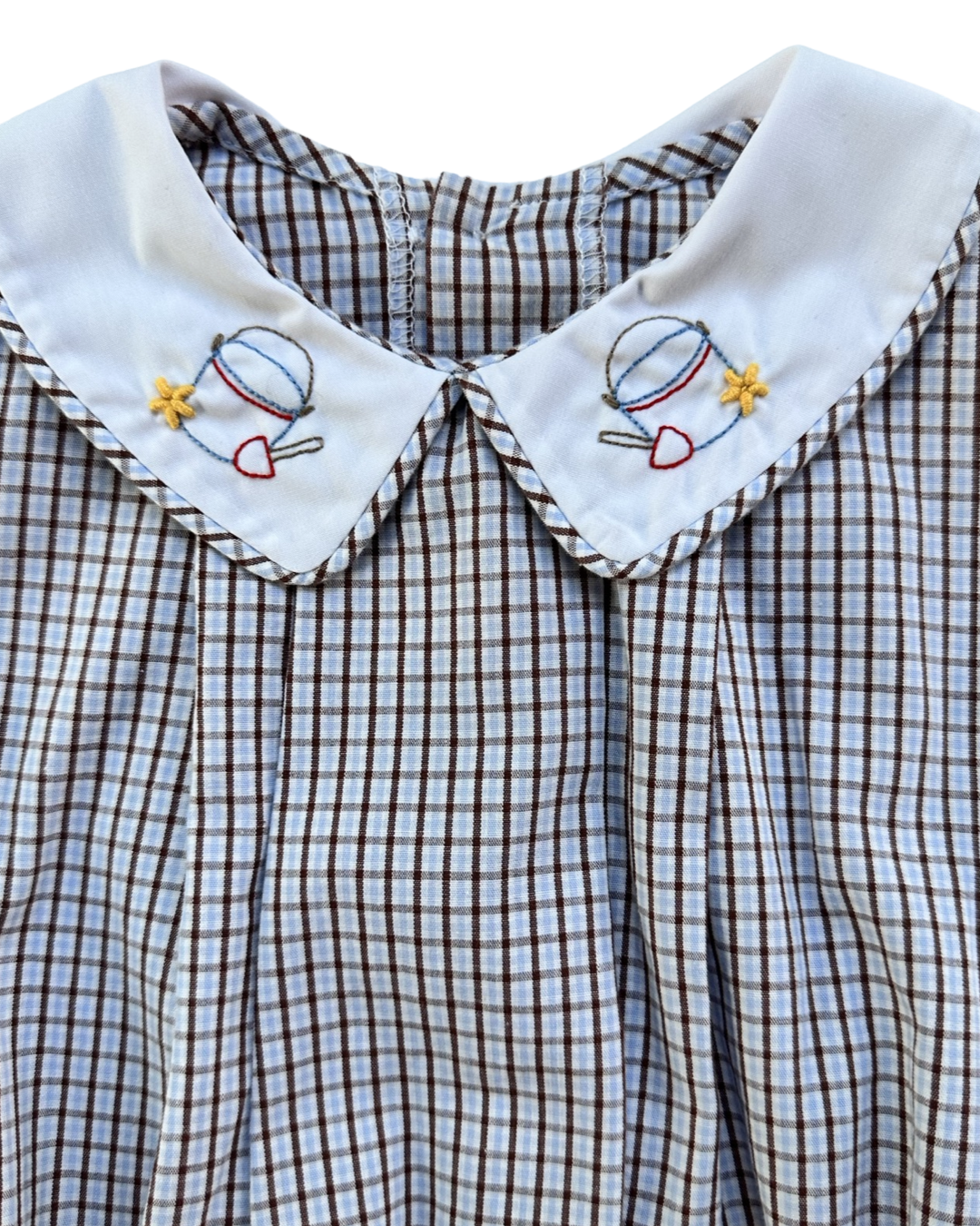 12M Baby Boy Boutique Remember Nguyen Brown and Light Blue Gingham Plaid Bubble with Classic Peter Pan Collar and Sand Castle Embroidery