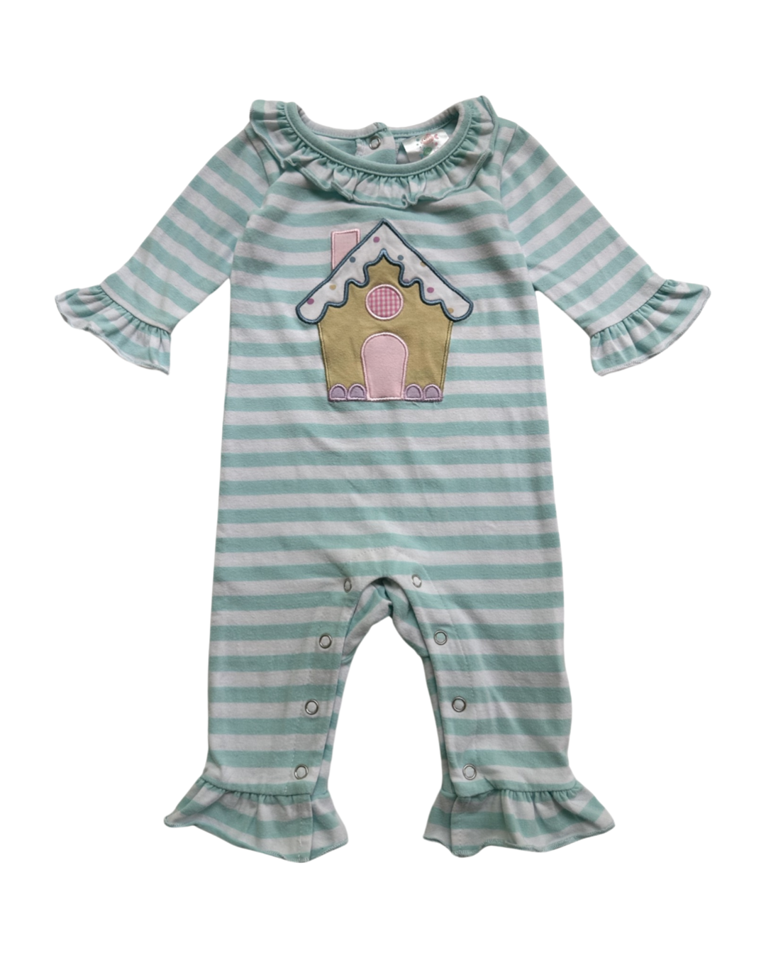 3M Baby Girl Stitchy Fish Mint Striped Gingerbread House Christmas Romper