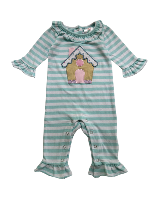 3M Baby Girl Stitchy Fish Mint Striped Gingerbread House Christmas Romper