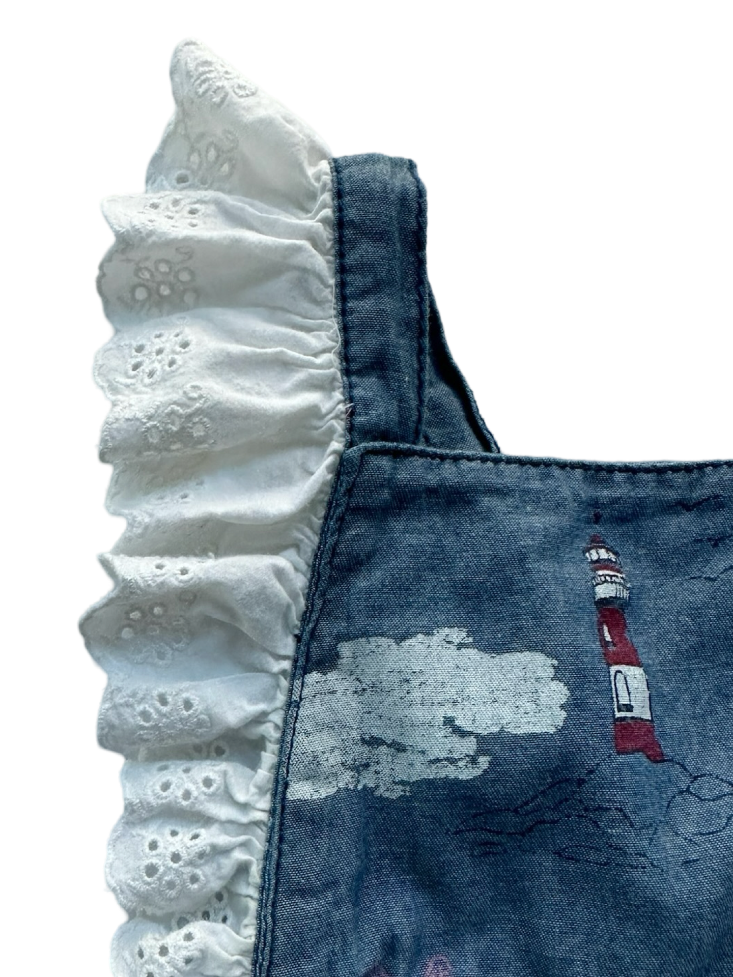 9M-12M Baby Girls MudPie Blue Chambray Lighthouse Nautical Lace Trim Romper.