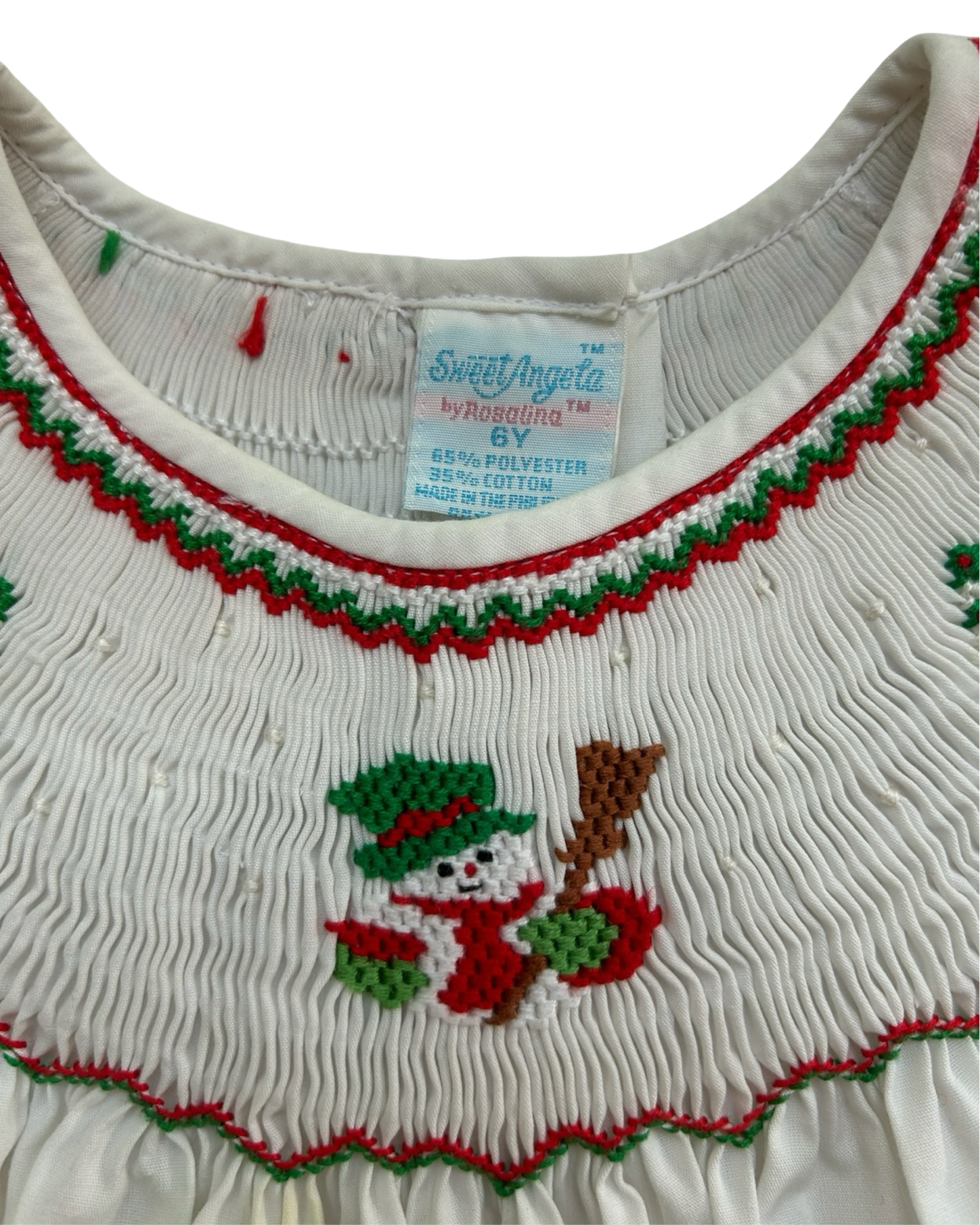 6Y Youth Girls Vintage Sweet Angela By Rosalina Collection Smocked Christmas Tree Embroidered Short Sleeves Dress