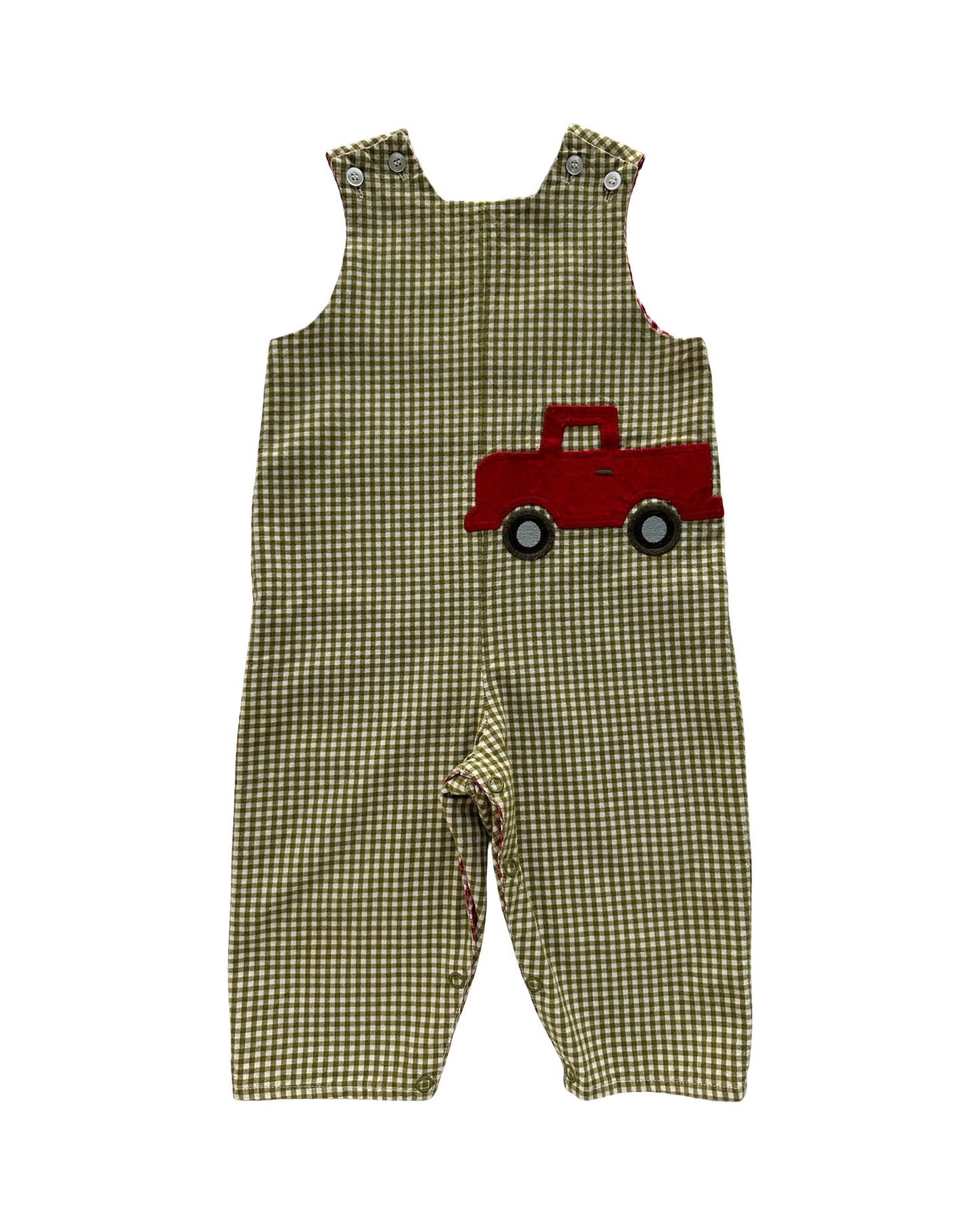 12M Baby Boys The Bailey Boys Gingham Patterned Overall-Romper Reversible Appliqués Camel 🐫 Reverse To Farm Car. One Piece.