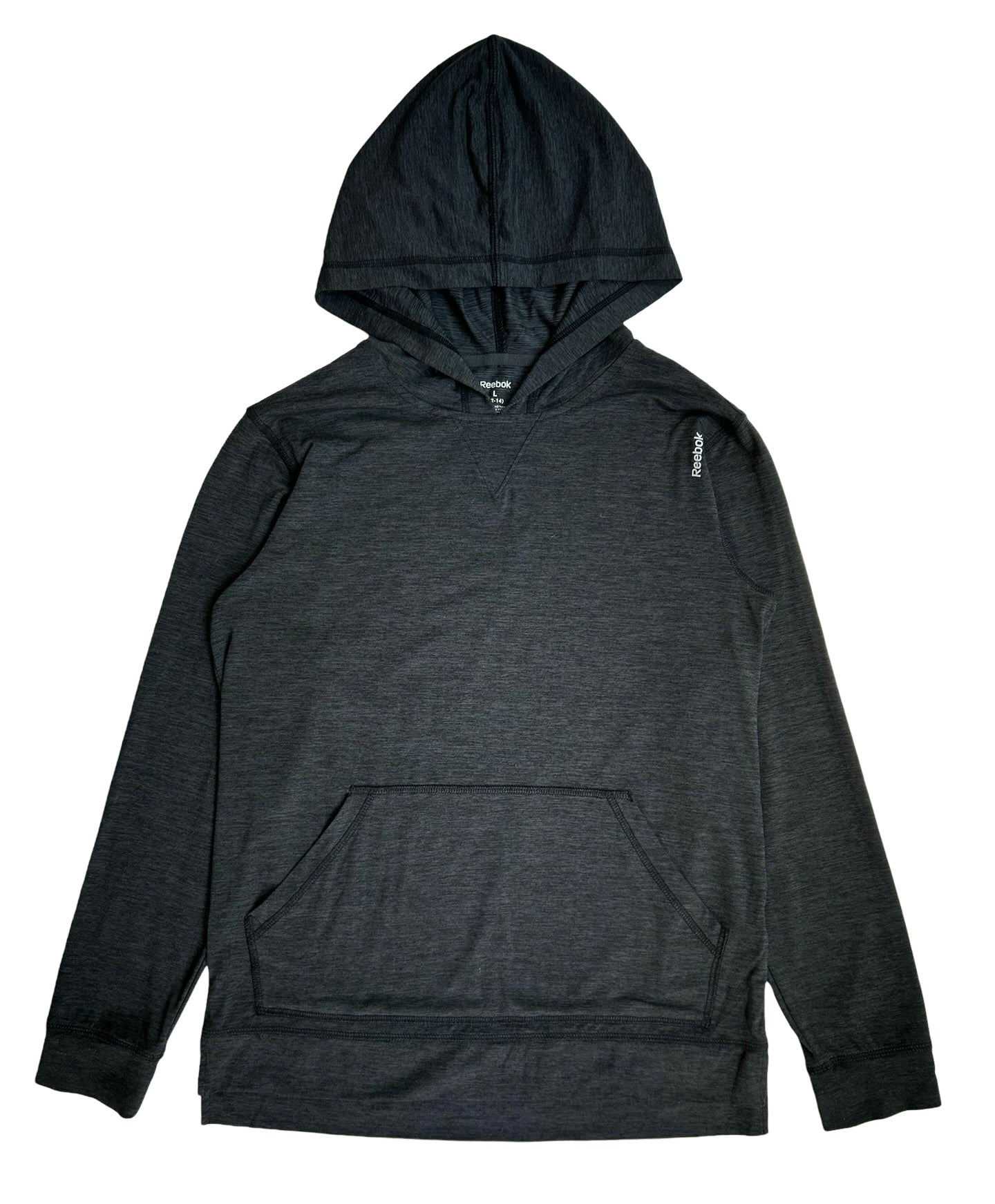 L (12-14) Reebok Speed-wick Youth Boy Long Sleeve Hoodie, Kangaroo Pocket Dark Gray