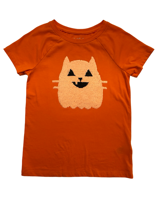 M 7/8 Youth Girls Cat & Jack Halloween Ghost Cat Sequin Top.