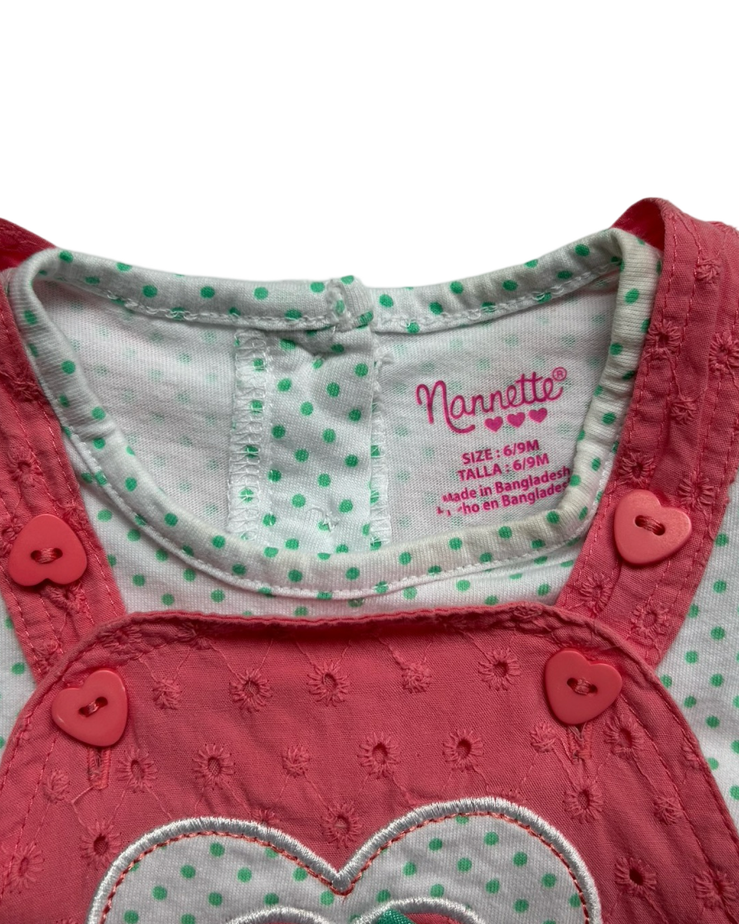 6-9M Baby Girl Pink Nanette Eyelet Rufflebutt Romper with Aqua Polkadot Shirt