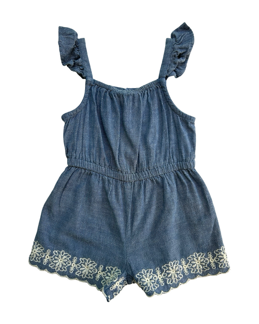 2T Toddlers Girls Baby Gap Embroidered Flowers Trim Lace Scallop Ruffle Chambray Romper