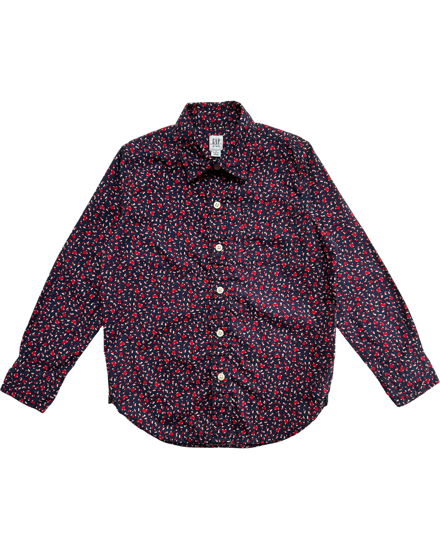 6T-7T Toddler Boys Gap Kids Christmas Blue Print Poplin Button Down Whit Pocket Shirt.