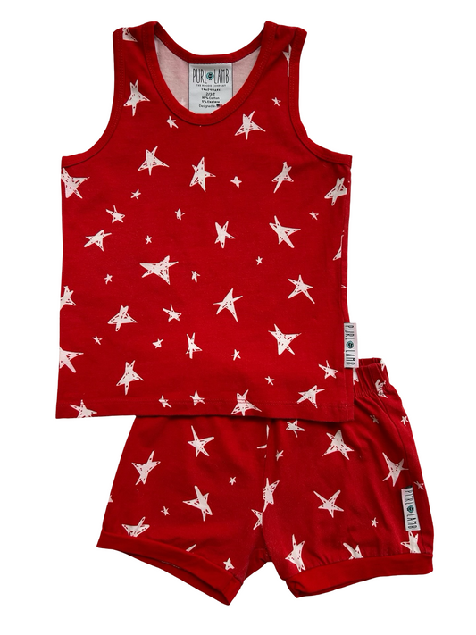 2T-3T Toddlers Girls Purl Lamb Red, Stars ⭐️ White Shirt Top And Short 2 Piece Set.