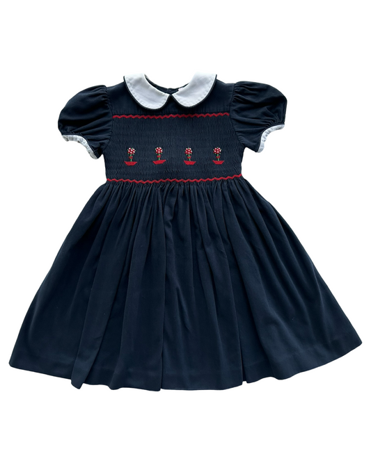 4T Toddler Girl Navy Corduroy Emily Lacey Smocked Flower Dress