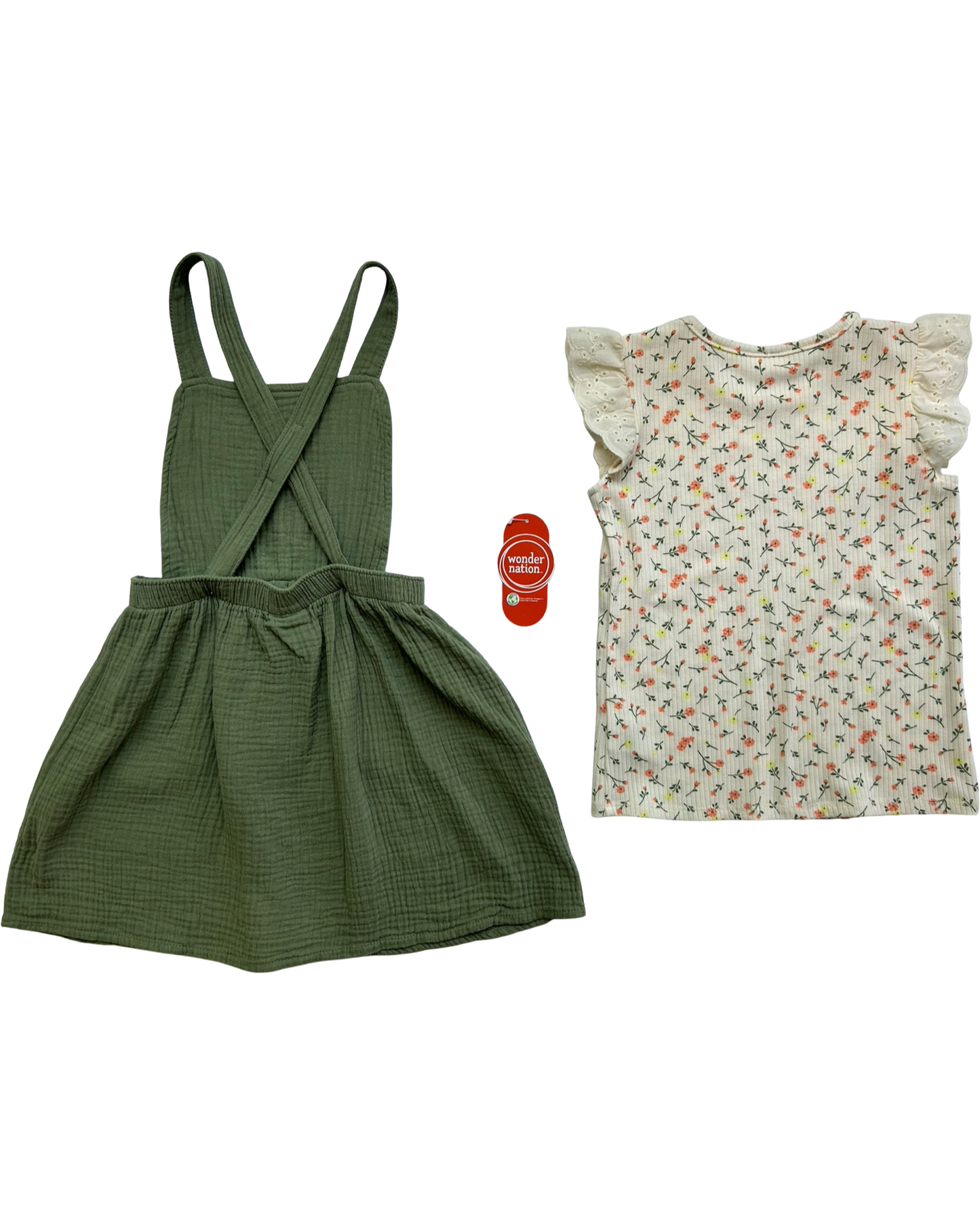 4T Toddlers Girls WonderNation Ruffle Sleeve Top & Pinafore Dress 2 Piece Outfit.