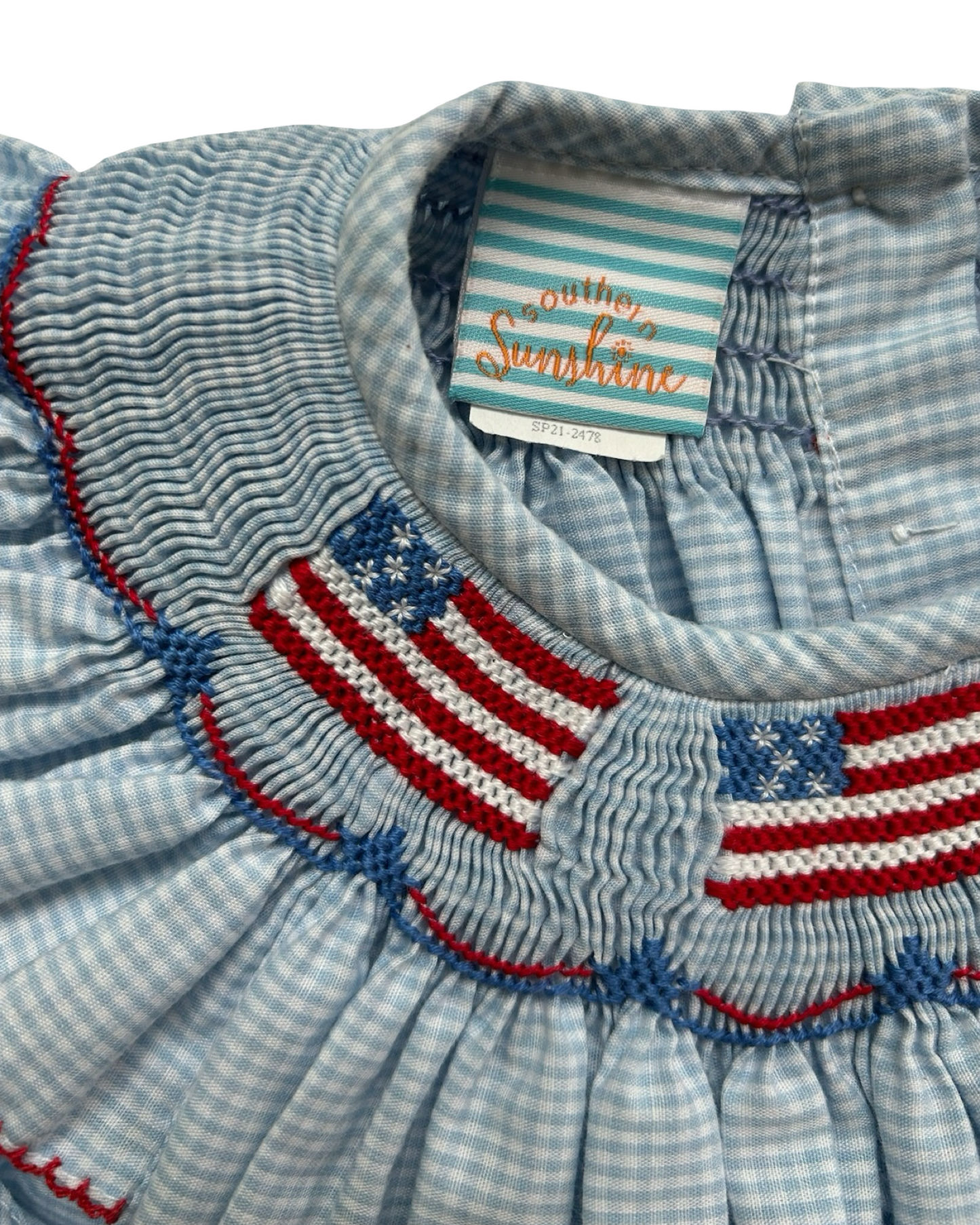 3T Toddlers Girls Southern Sunshine Patriotic Light Blue Gingham Flags 🇺🇸🇺🇸🇺🇸 Smocked And Ruffled Sleeves Dress