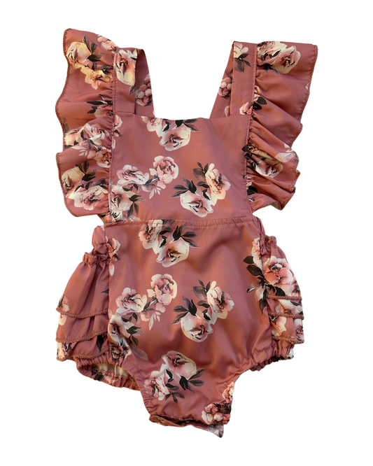 18M-24M Baby Girl Mauve Pink Floral Flutter Sleeve Ruffle Romper