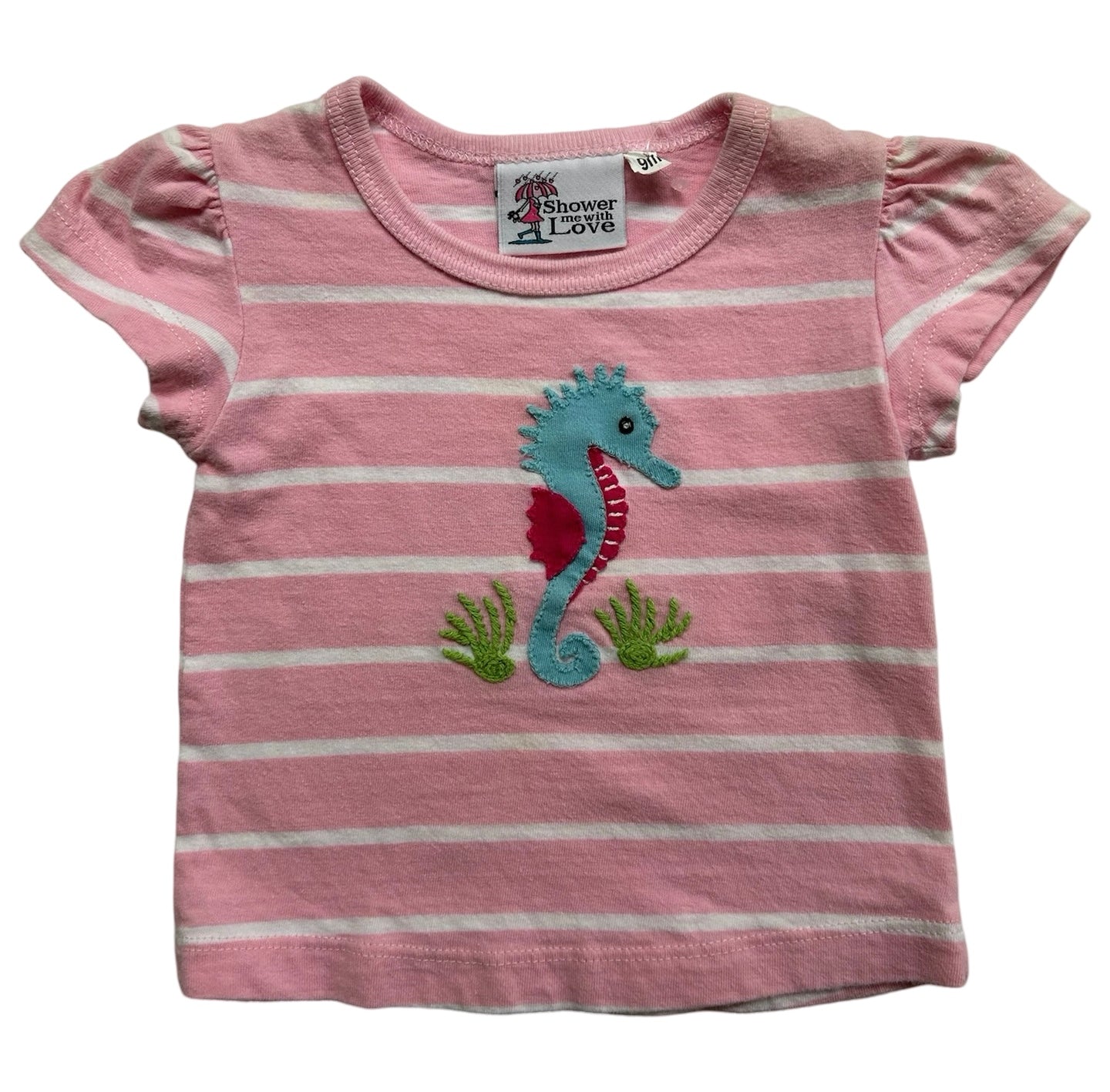 9M Baby Girls Shower Me With Love Striped Seahorse T-Shirt.