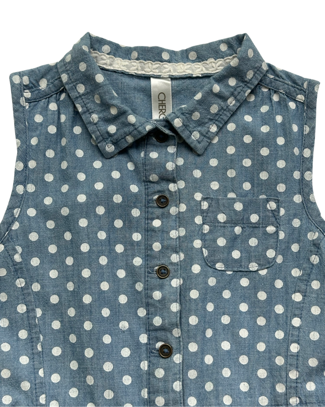 6/6x Girls Cherokee Chambray Polka Dot Collared Dress