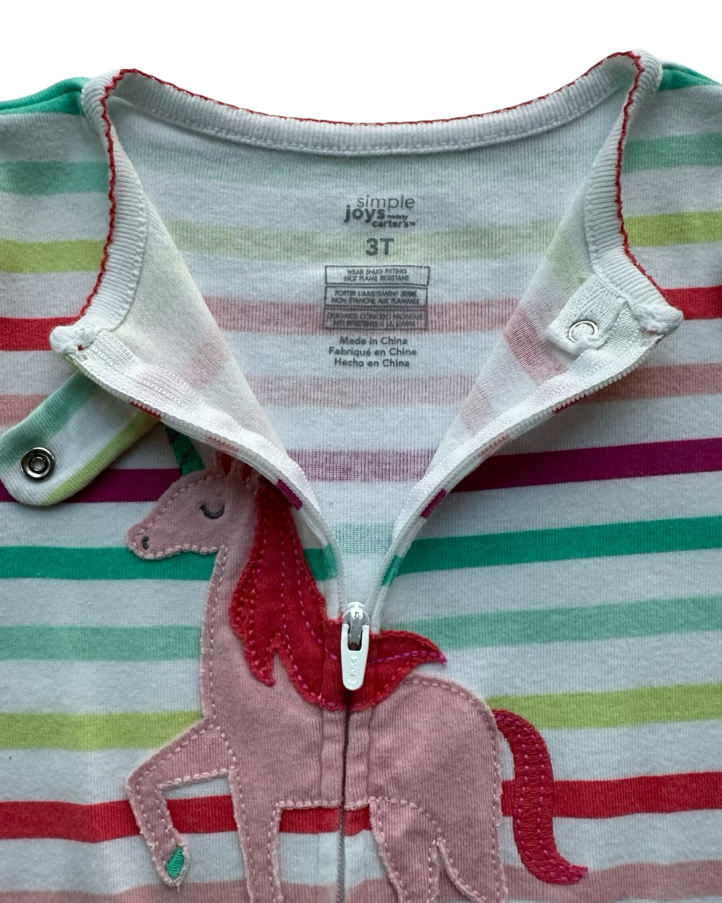 3T Toddler Girls Simple Joys By Carter’s Rainbow Striped With Detail Unicorn 🦄 Zippered Sleeper PJs