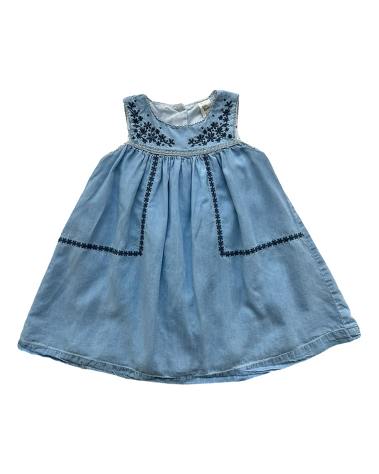 24M Baby Girls Baby B’Gosh Jean, Embroidered Blue Flower Sleeveless Dress.