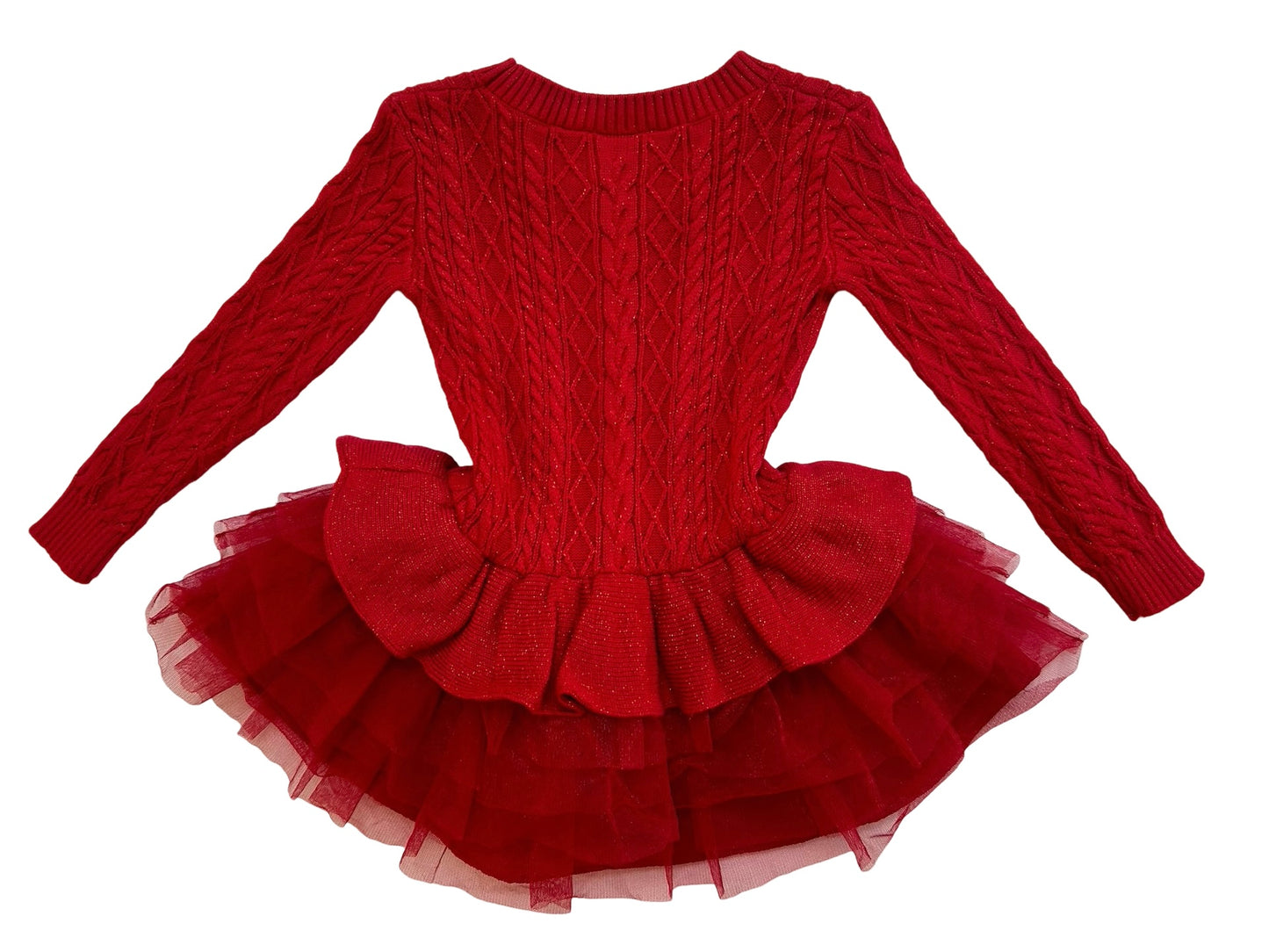 2T Toddler Girl American Girl Crew Neck Knit Ruffled Skirt Pullover Red Cable Knit Sweater Dress