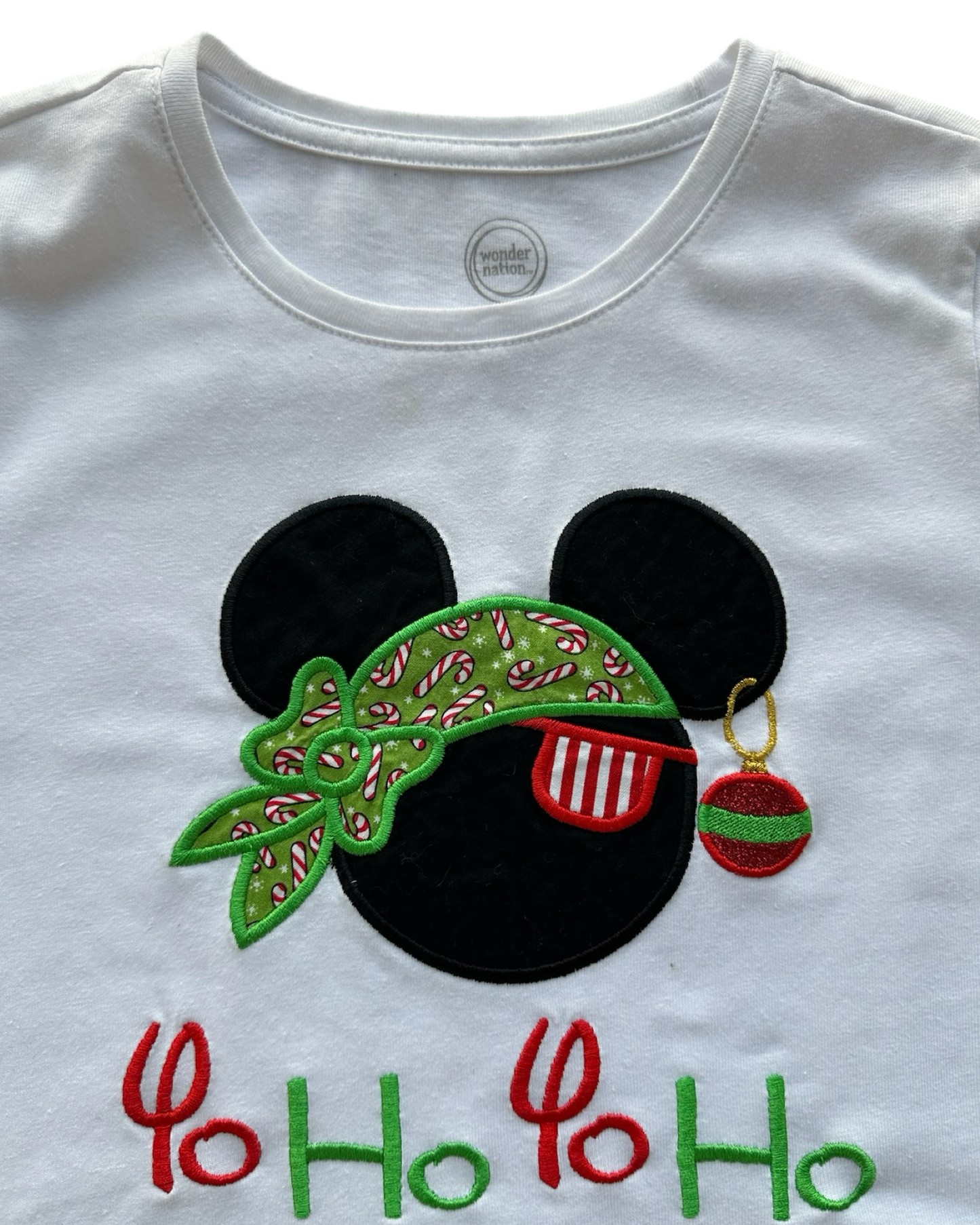 M 7Y-8Y Youth Girls Wonder Nation Christmas Phrase HO HO HO Mickey Mouse Green Bandana And Red Ornament Design