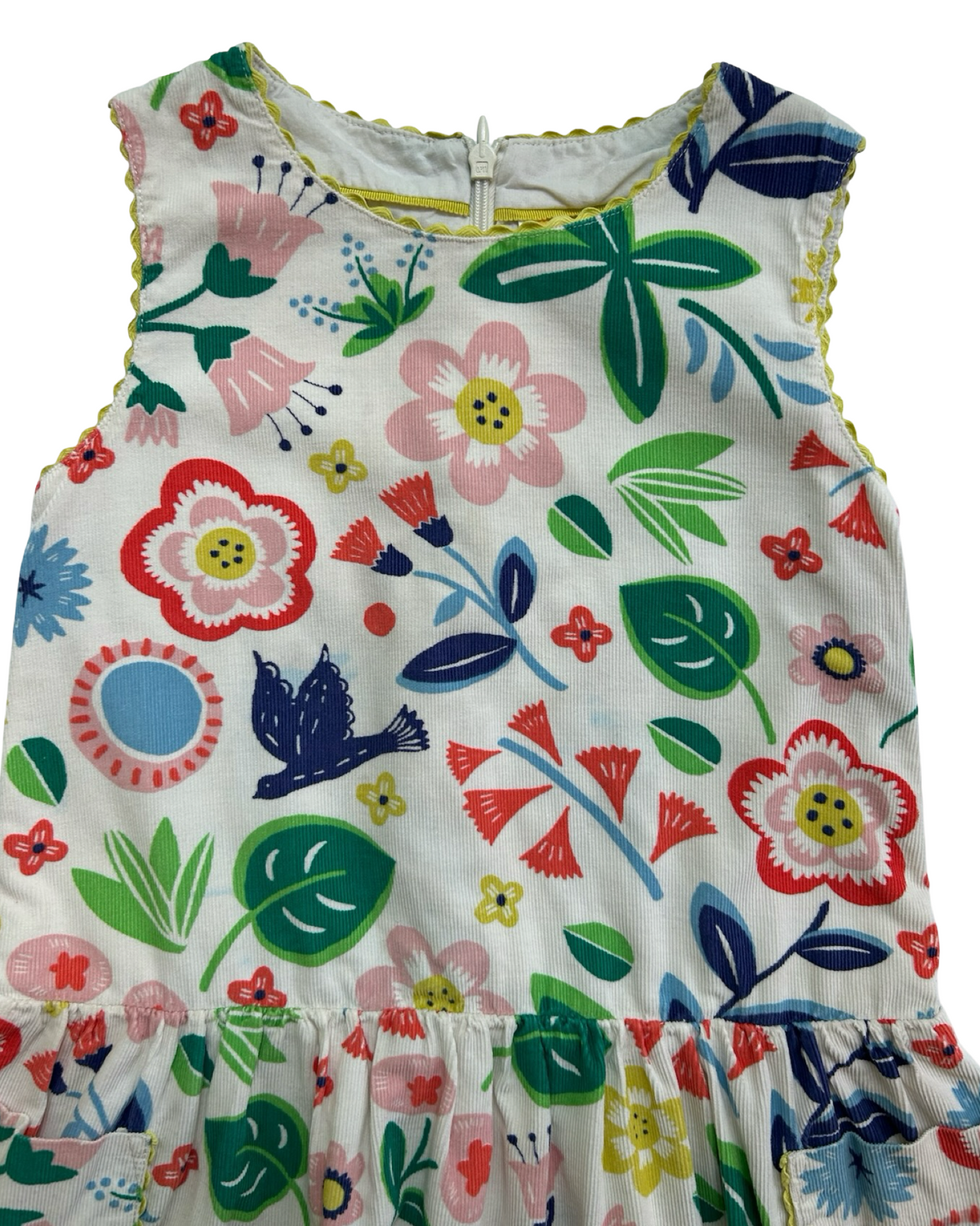 4-5Y Toddler Girl Mini Boden White Floral Sleeveless Corduroy Dress
