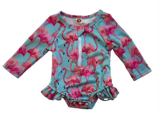 6M - 9M Baby Girls Long Sleeve Ruffle Swimsuit Flamingos 🦩🦩🦩 Print.