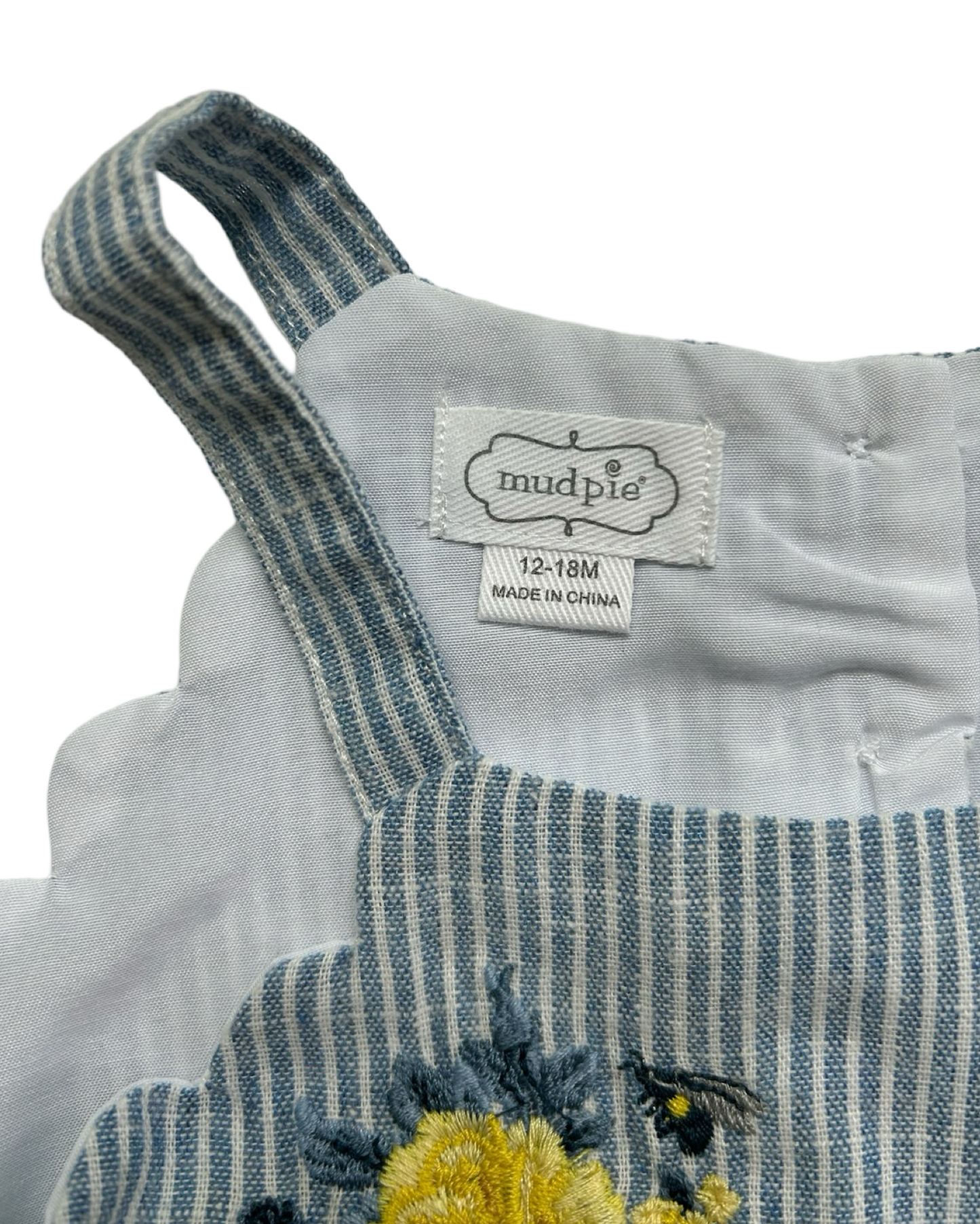 12M - 18M Baby Girls MudPie Bubble Embroidered Bee Blue Striped Sun Blouse.