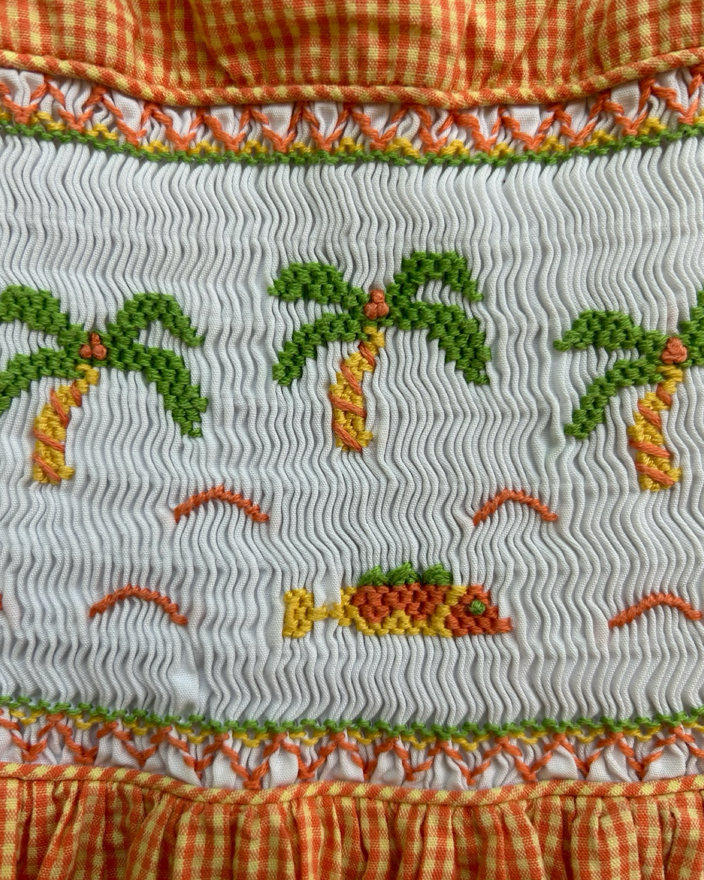 6 Toddlers Girls Orange Gingham Smocked Palm Trees Beach Dress.