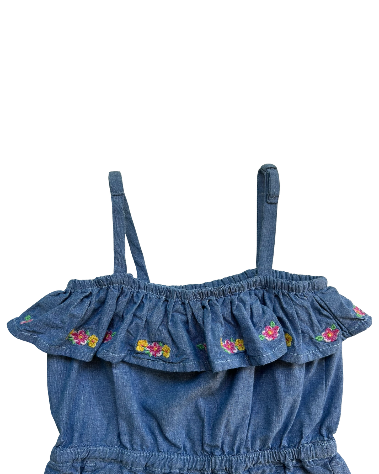 2T Toddlers Girls Janie & Jack Embroidered Flowers, Blue Chambray Ruffle Romper