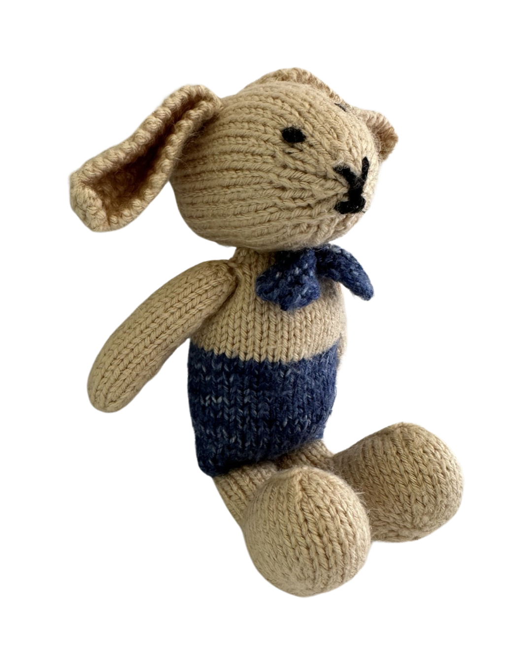 Handmade One of a Kind 10" Knit Crochet Beige Bunny with Blue Bow Tie and Shorts