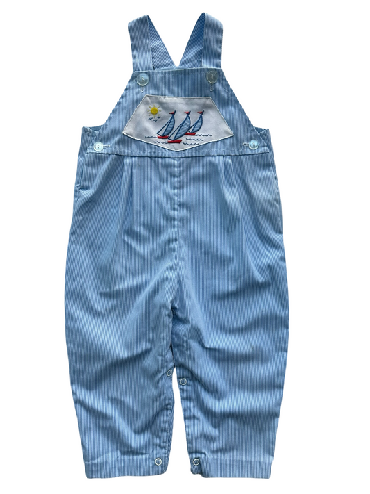 24M Baby Boys Striped Overall Blue Embroidered Sailboat ⛵️.