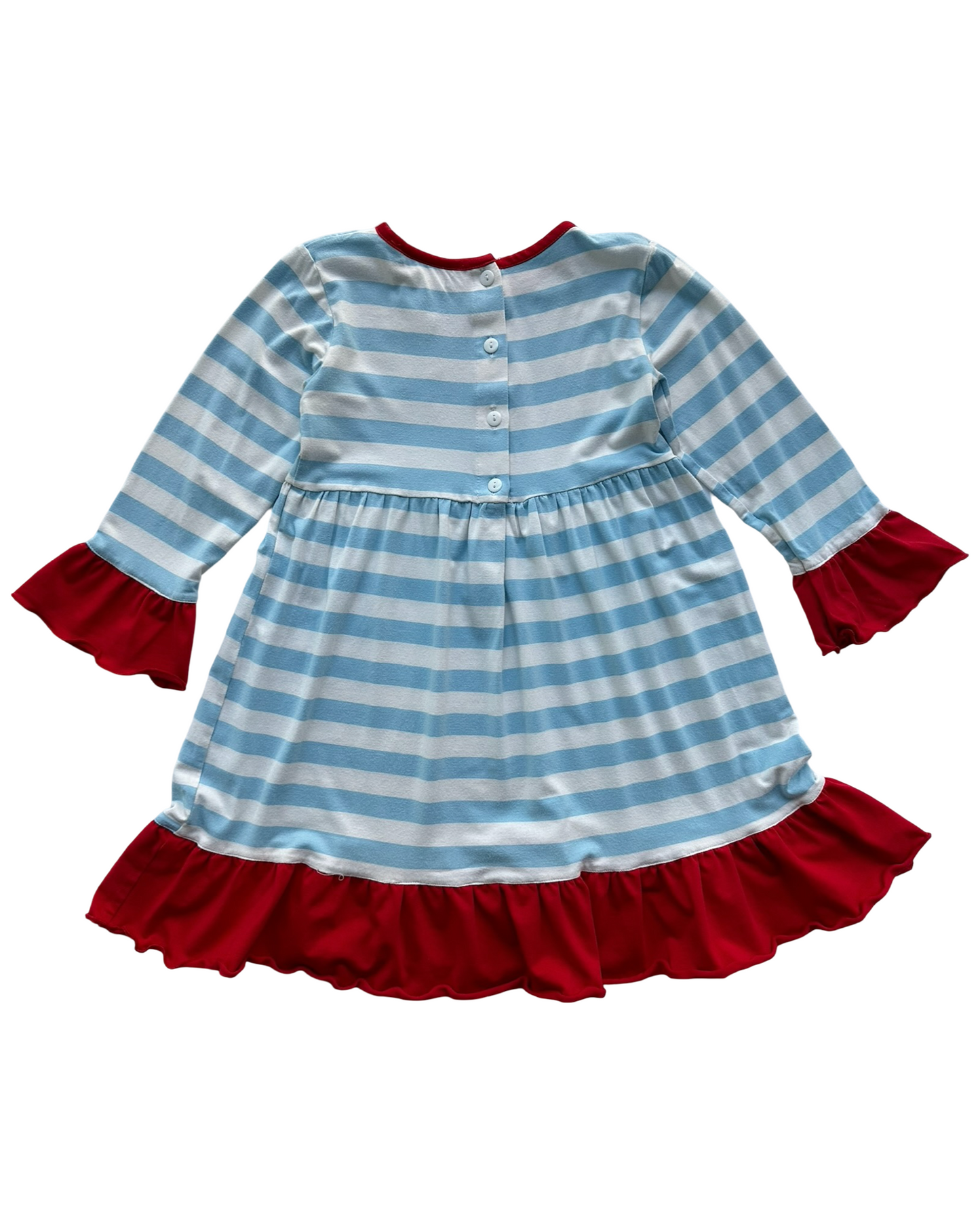 5T Toddler Girls Boutique Smocked PolkaDot Christmas Embroidery Santa Claus Face Appliqué, Ruffle Dress