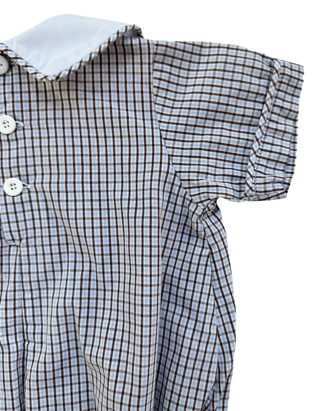 12M Baby Boy Boutique Remember Nguyen Brown and Light Blue Gingham Plaid Bubble with Classic Peter Pan Collar and Sand Castle Embroidery
