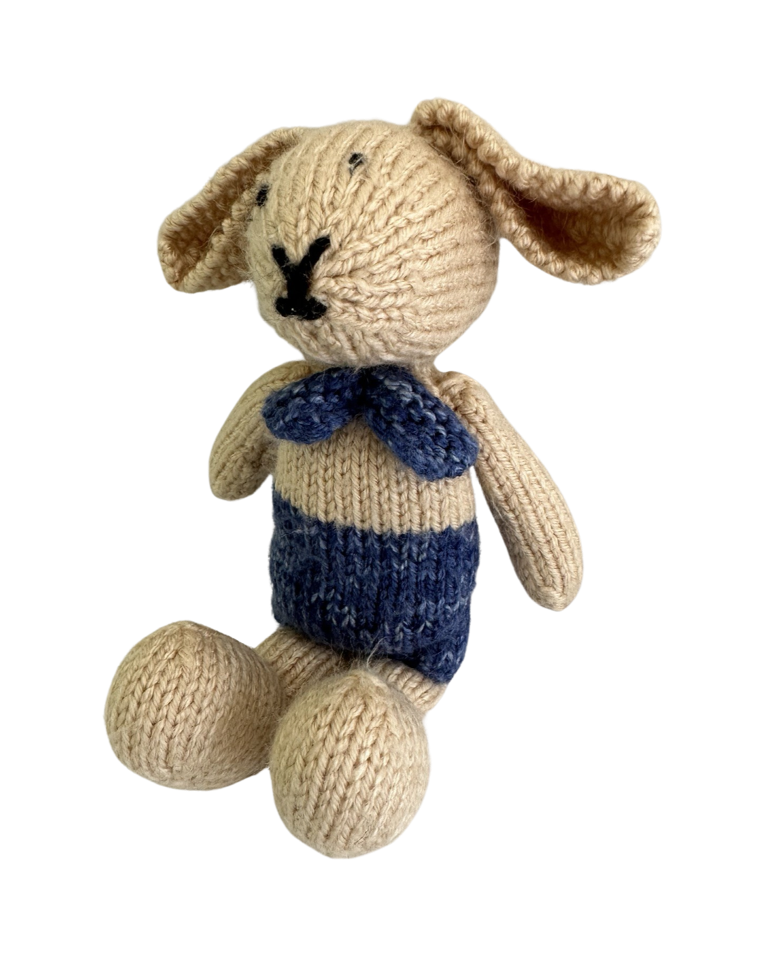 Handmade One of a Kind 10" Knit Crochet Beige Bunny with Blue Bow Tie and Shorts