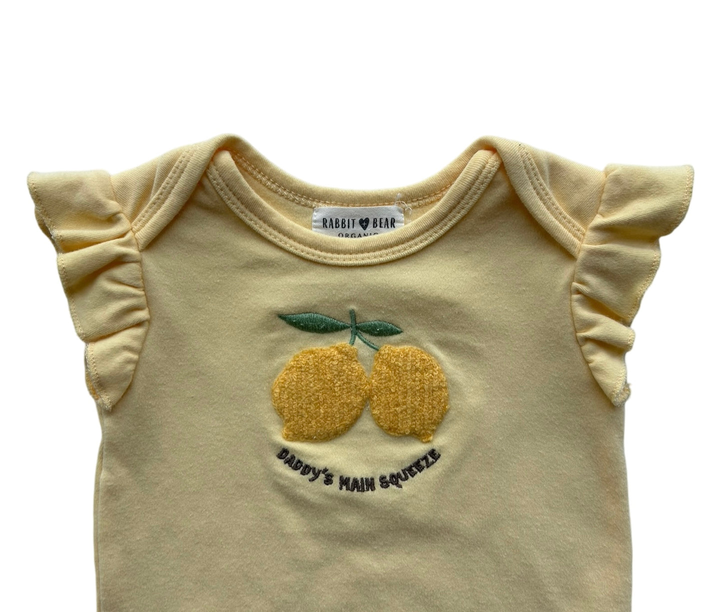 3M-6M Baby Girls Rabbit + Bear Organic Embroidered Lemon 🍋 🍋 Ruffle Short Sleeves Romper.
