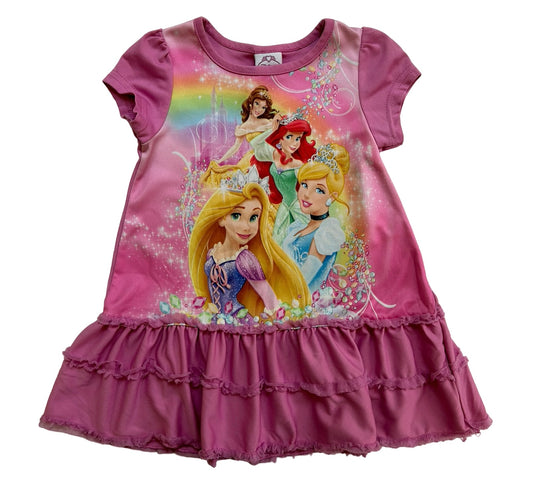 2T Toddler Girl Disney Princess Short Sleeve Long Shirt Ruffled Bottom Sleeping Nightgown Pajama.