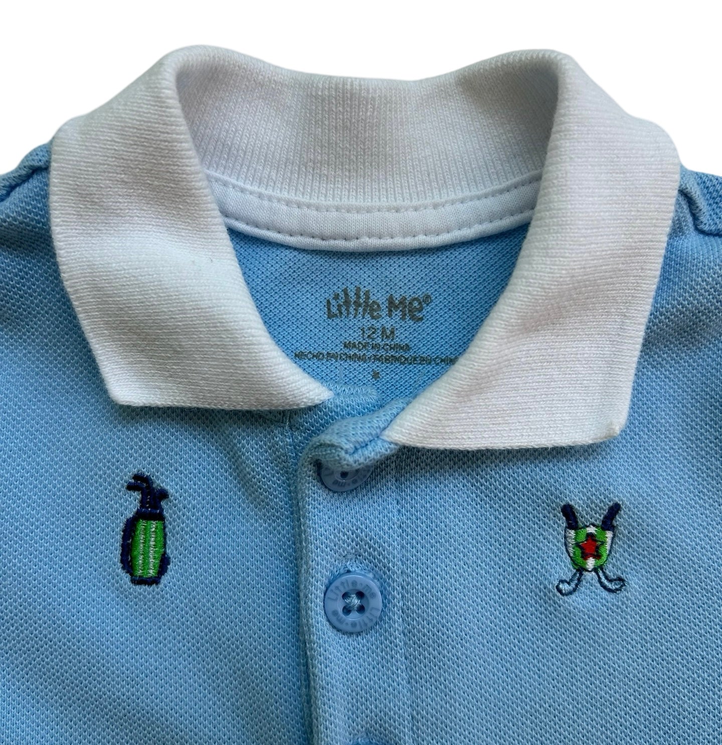 12M Baby Boy Little Me Golf Polo Romper Light Blue Short Sleeve Embroidered.