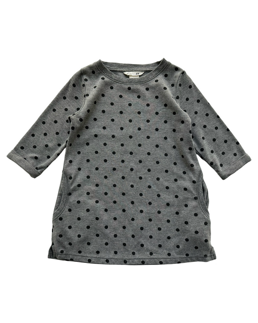 2-4Y Toddler Girl H&M Gray, 3/4 Sleeves With Pockets And Black Polka Dots Dress.