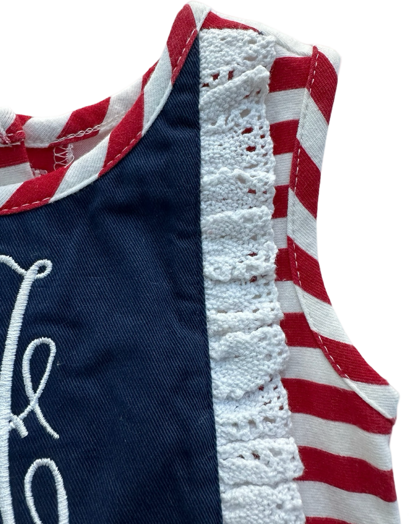 12M Baby Girl Patriotic American Ric Rac & Ruffles Bubble with Monogramed "A"