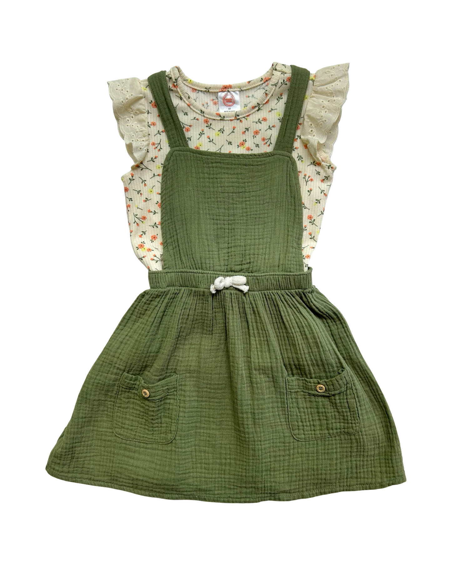 4T Toddlers Girls WonderNation Ruffle Sleeve Top & Pinafore Dress 2 Piece Outfit.