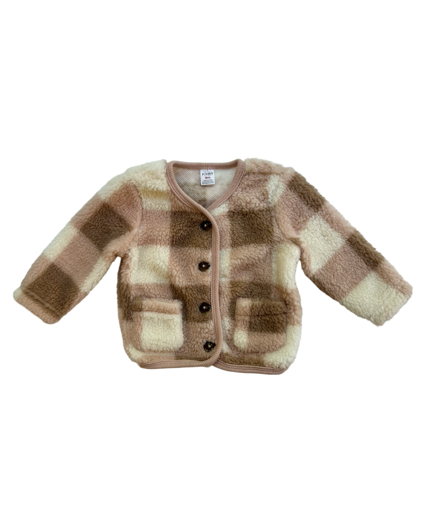 9M Baby Girls pl.baby Holiday Button Front Sherpa Jacket With Hair Accessories Head Bandana