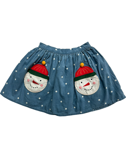 7Y-8Y Youth Girls Mini Boden Blue Polka Dot Corduroy Novelty Snowman Skirt Pockets Pom Pom.