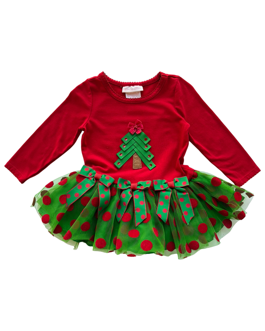 18M Baby Girl Bonnie Baby Christmas Tree Long Sleeve Dress